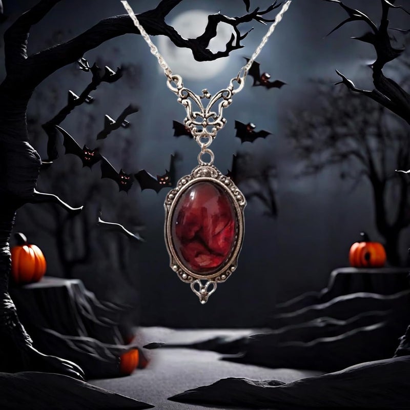 IS4U Gothic Vampire Necklace Vintage Stardust Crystal Cameo Pendant Necklace Punk Style Vampire Pendant Oval Necklace Satanic Demon Red Pendant Necklace Jewelry - Image 3